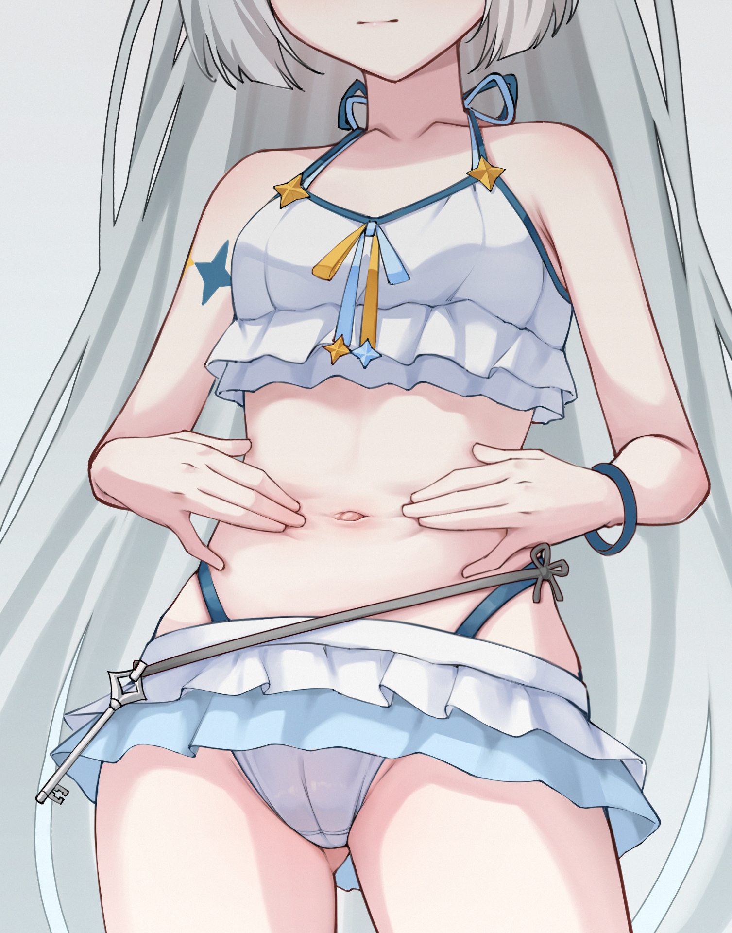 mer lynn, female tyrant (stella sora), female tyrant (swimsuit) (stella sora), tyrant (stella sora), stella sora, commentary, english commentary, highres, 1girl, :|, bikini, bikini skirt, blue bikini, breasts, cameltoe, closed mouth, collarbone, frilled bikini, frills, gluteal fold, grey hair, hands on own stomach, head out of frame, key, long hair, navel, official alternate costume, simple background, small breasts, solo, spread navel, standing, stomach focus, swimsuit, thigh gap, thighs, very long hair, white background, white bikini, wristband