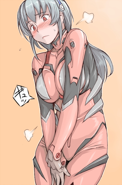 tsuda nanafushi, hyougintou, makinami mari illustrious, suigintou, neon genesis evangelion, rebuild of evangelion, rozen maiden, silver hair, 1girl, aged up, blush, breasts, cosplay, embarrassed, female focus, large breasts, makinami mari illustrious (cosplay), mecha pilot suit, pink eyes, plugsuit (cosplay), plugsuit (evangelion), solo