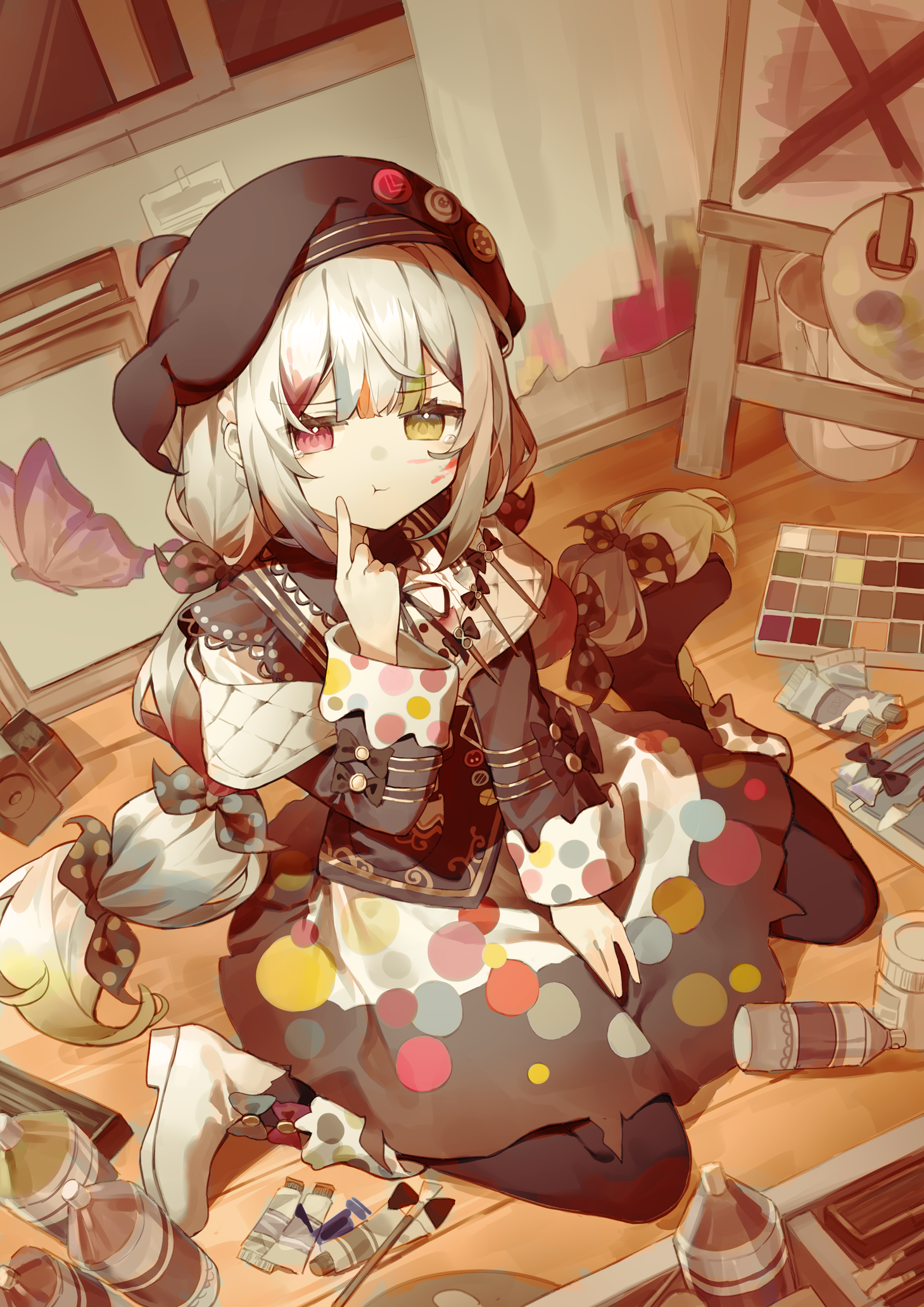 maidcode1023, jogasaki noah, mahou shoujo no majo saiban, chinese commentary, commentary request, highres, mixed-language commentary, 1girl, beret, black hat, black pantyhose, easel, hat, heterochromia, index finger raised, long hair, looking at viewer, multicolored hair, paint palette, paint tube, paintbrush, pantyhose, pout, red eyes, sitting, solo, tearing up, wariza, white hair, yellow eyes