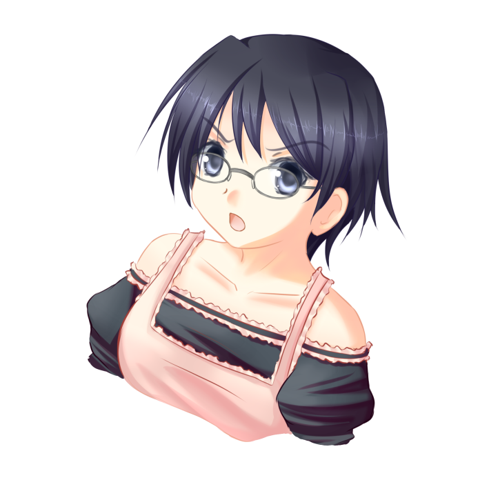 derrasanc, hakamichi shizune, shirakawa yuuko, katawa shoujo, angry, bare shoulders, black shirt, blouse, cosplay, frilled shirt, frills, glasses, off shoulder, round eyewear, shirakawa yuuko (cosplay), shirt, solo