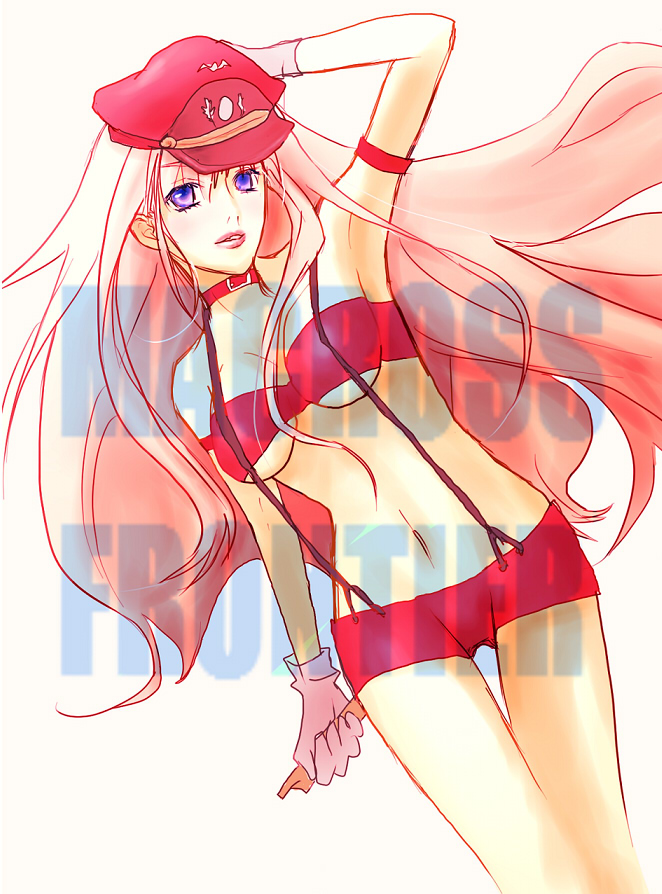 sheryl nome, macross, macross frontier, 00s, 1girl, armband, blonde hair, blue eyes, breasts, choker, cleavage, female focus, gloves, hat, legs, long hair, microphone, navel, pink hair, short shorts, shorts, small breasts, solo, suspenders, thighs