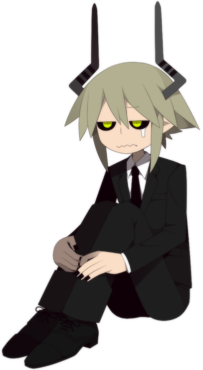 funamusea (artist), sullivan (funamusea), funamusea, sutare yume, official art, 1boy, black necktie, black sclera, black suit, colored sclera, crying, demon boy, formal clothes, full body, gloom (expression), grey hair, grey horns, horns, hugging own legs, knees up, necktie, pointy ears, shirt, shoes, short hair, simple background, sitting, solo, suit, tears, wavy mouth, white background, white shirt