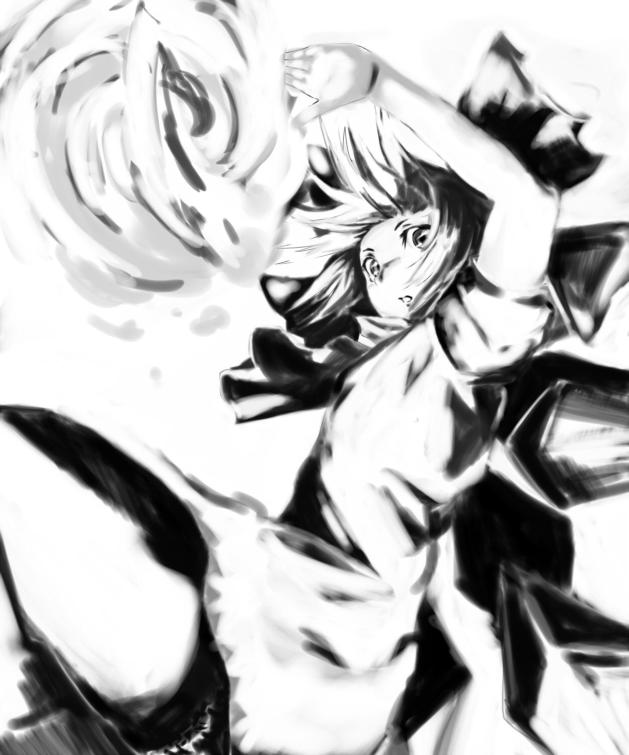 mizukiri fuurai, cirno, embodiment of scarlet devil, touhou, highres, 1girl, female focus, greyscale, monochrome, simple background, solo, white background