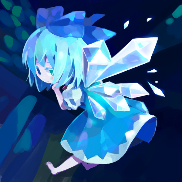 yamamoto akie, cirno, embodiment of scarlet devil, touhou, bad id, bad pixiv id, 1girl, aqua hair, barefoot, chibi, dress, female focus, full body, hair ribbon, ice, looking back, ribbon, solo, wings