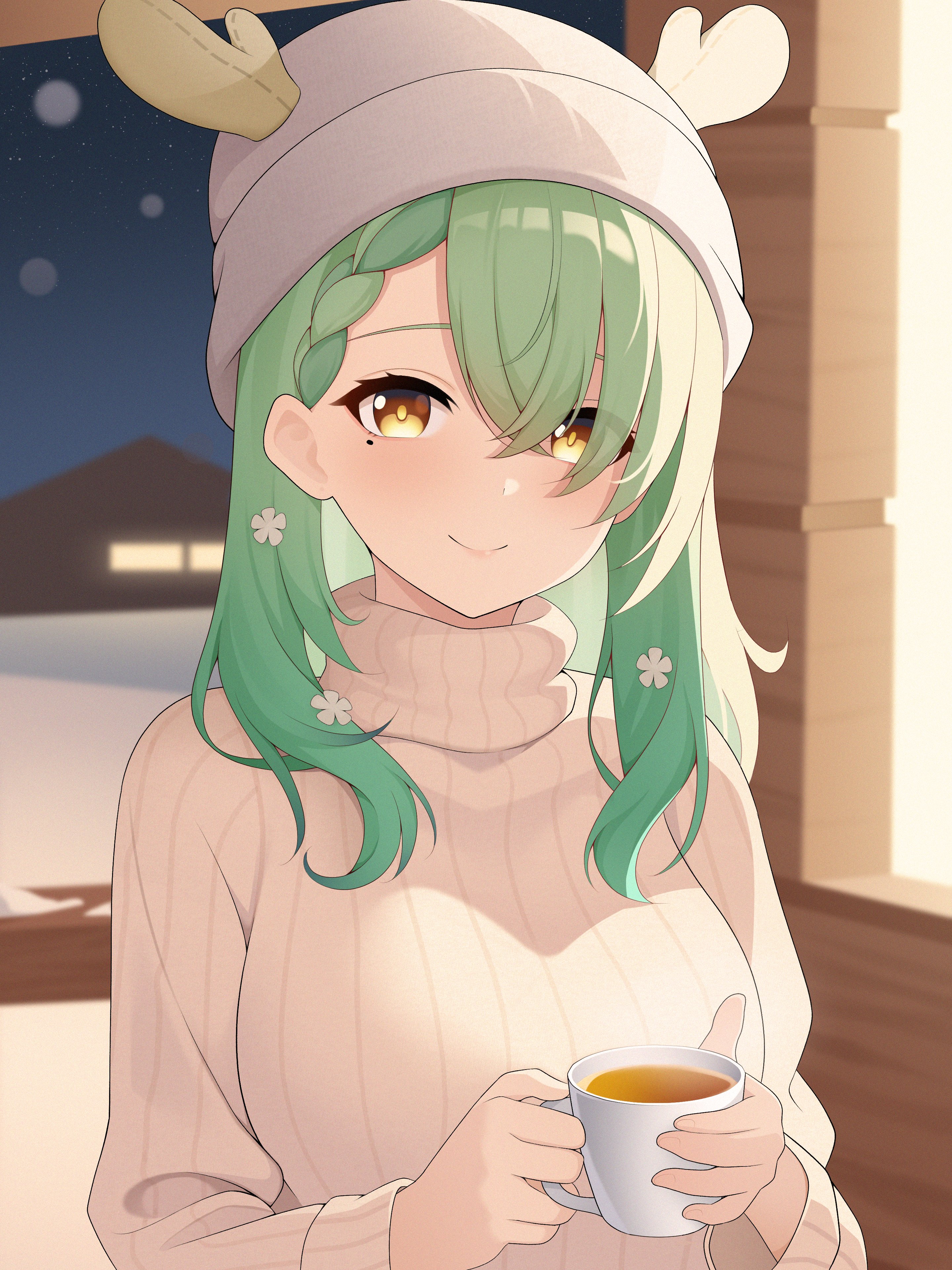 drey525, ceres fauna, hololive, hololive english, absurdres, commentary, english commentary, highres, 1girl, alternate costume, beanie, braid, breasts, closed mouth, crossed bangs, cup, fake antlers, flower, green hair, grey hat, hair between eyes, hair flower, hair ornament, hat, holding, holding cup, large breasts, long hair, long sleeves, looking at viewer, mole, mole under eye, night, parted bangs, ribbed sweater, smile, solo, sweater, tea, teacup, upper body, virtual youtuber, white sweater, yellow eyes