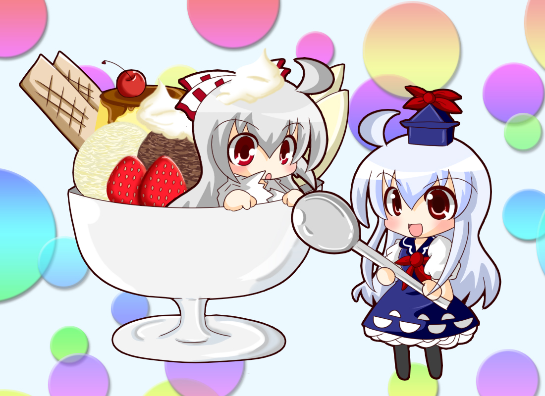 hida (artist), fujiwara no mokou, kamishirasawa keine, touhou, black legwear, 2girls, blush, cherry, chibi, chocolate, female focus, food, fruit, hat, ice cream, in food, mini person, minigirl, multiple girls, open mouth, spoon, strawberry, sundae