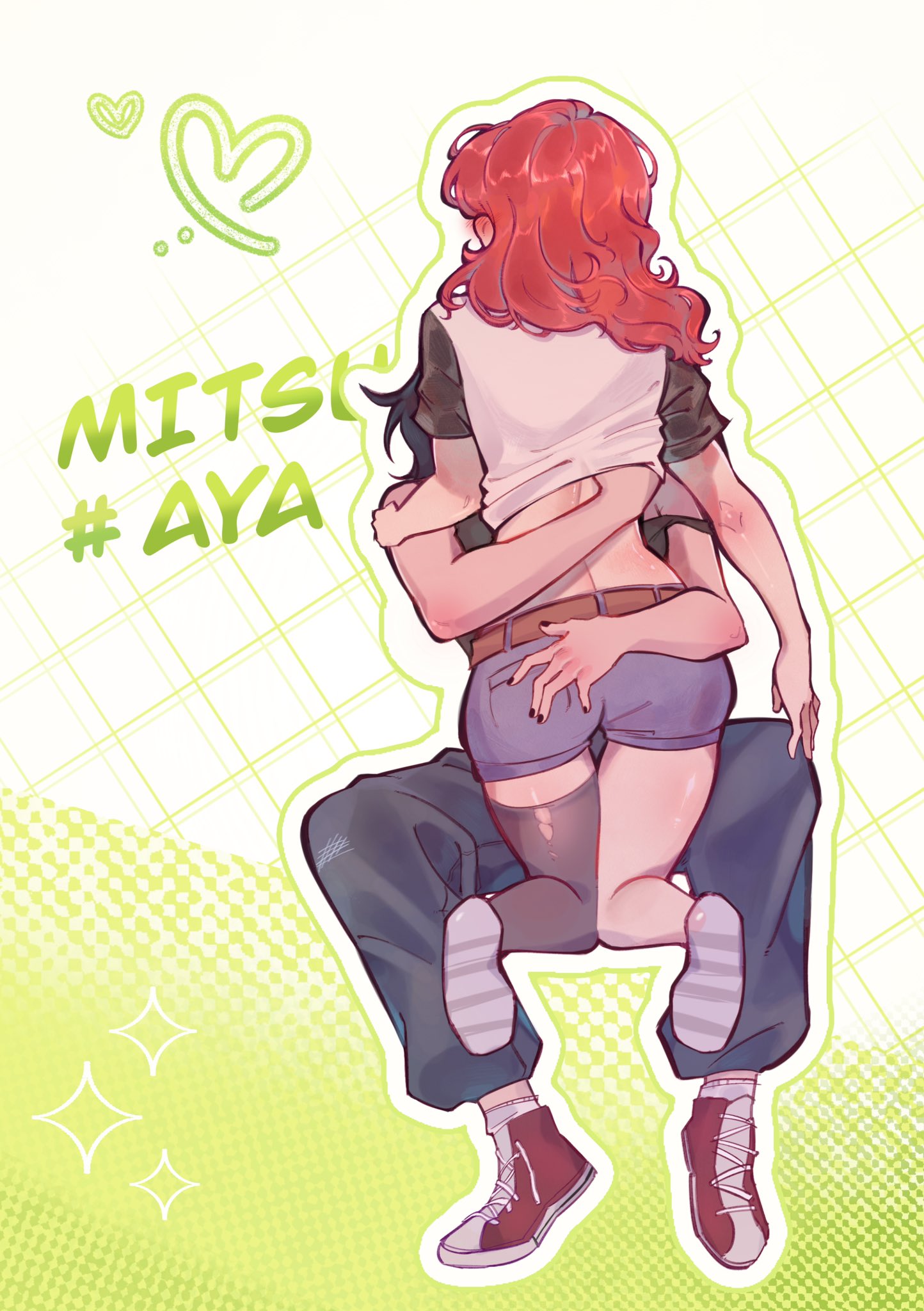 hegaiii, koga mitsuki, oosawa aya, kininatteru hito ga otoko ja nakatta, foreplay, commentary, english commentary, highres, 2girls, belt, black nails, blue shorts, brown belt, clothes lift, couple, facing away, from behind, full body, grid background, hand on another's ass, hand under clothes, hand under shirt, heart, invisible chair, lifting another's clothes, long hair, median furrow, multiple girls, pants, red hair, ship name, shirt, shirt lift, shoes, short shorts, short sleeves, shorts, single thighhigh, sitting, sneakers, sparkle, t-shirt, thighhighs, wavy hair, yuri