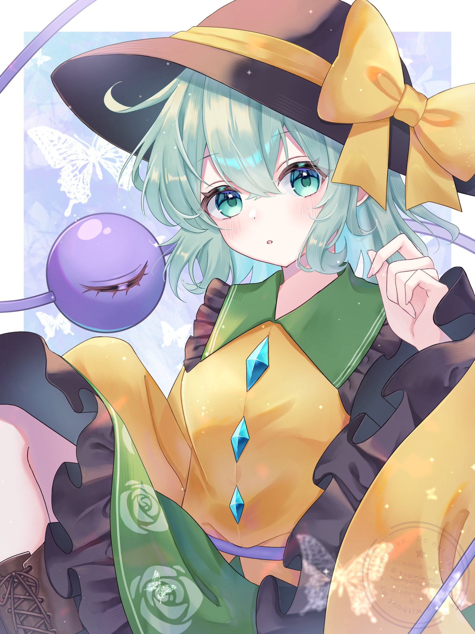 yogiri miri, komeiji koishi, touhou, commentary request, highres, 1girl, black hat, blue eyes, blue hair, boots, bow, floral print, frilled skirt, frilled sleeves, frills, green skirt, hat, hat bow, lace-up boots, looking at viewer, medium hair, open mouth, print skirt, rose print, shirt, skirt, solo, third eye, wide sleeves, yellow bow, yellow shirt