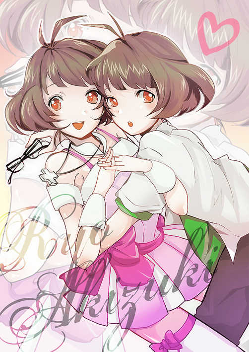 jyako (pixiv), akizuki ryo, idolmaster, idolmaster dearly stars, bad id, bad pixiv id, 00s, 1girl, 2boys, antenna hair, bare shoulders, blush, brown eyes, brown hair, cross, crossdressing, cute & girly (idolmaster), dual persona, glasses, jewelry, multiple boys, necklace, open mouth, short hair, smile, thighhighs, trap