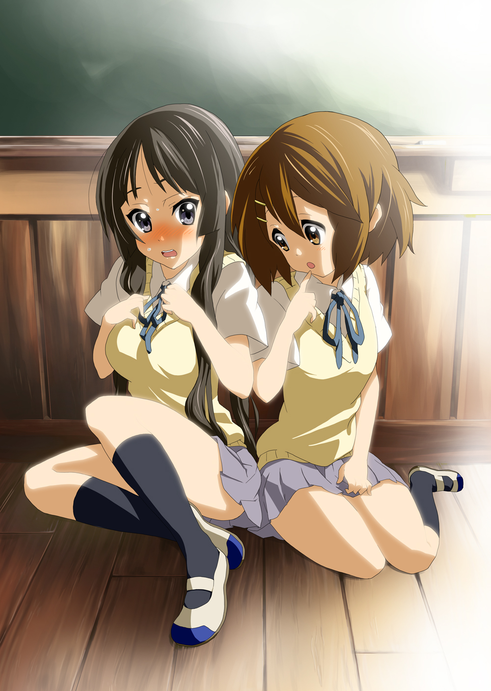 minimaru, akiyama mio, hirasawa yui, k-on!, highres, 00s, 2girls, black eyes, black hair, blush, breast envy, breasts, brown eyes, brown hair, chalkboard, eyebrows hidden by hair, hair between eyes, kneehighs, long hair, looking at breasts, medium breasts, multiple girls, school uniform, shoes, short hair, small breasts, socks, uwabaki