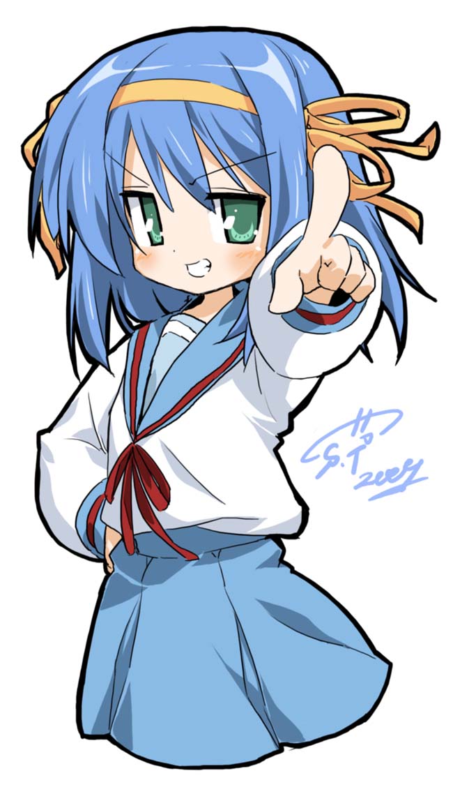 take shinobu, takesinobu, hirano aya, izumi konata, suzumiya haruhi, lucky star, suzumiya haruhi no yuuutsu, bad id, bad pixiv id, 1girl, blue hair, cosplay, female focus, foreshortening, fusion, green eyes, grin, hairband, hand on own hip, hip focus, parody, pointing, school uniform, serafuku, short hair, simple background, smile, solo, suzumiya haruhi (cosplay), voice actor connection