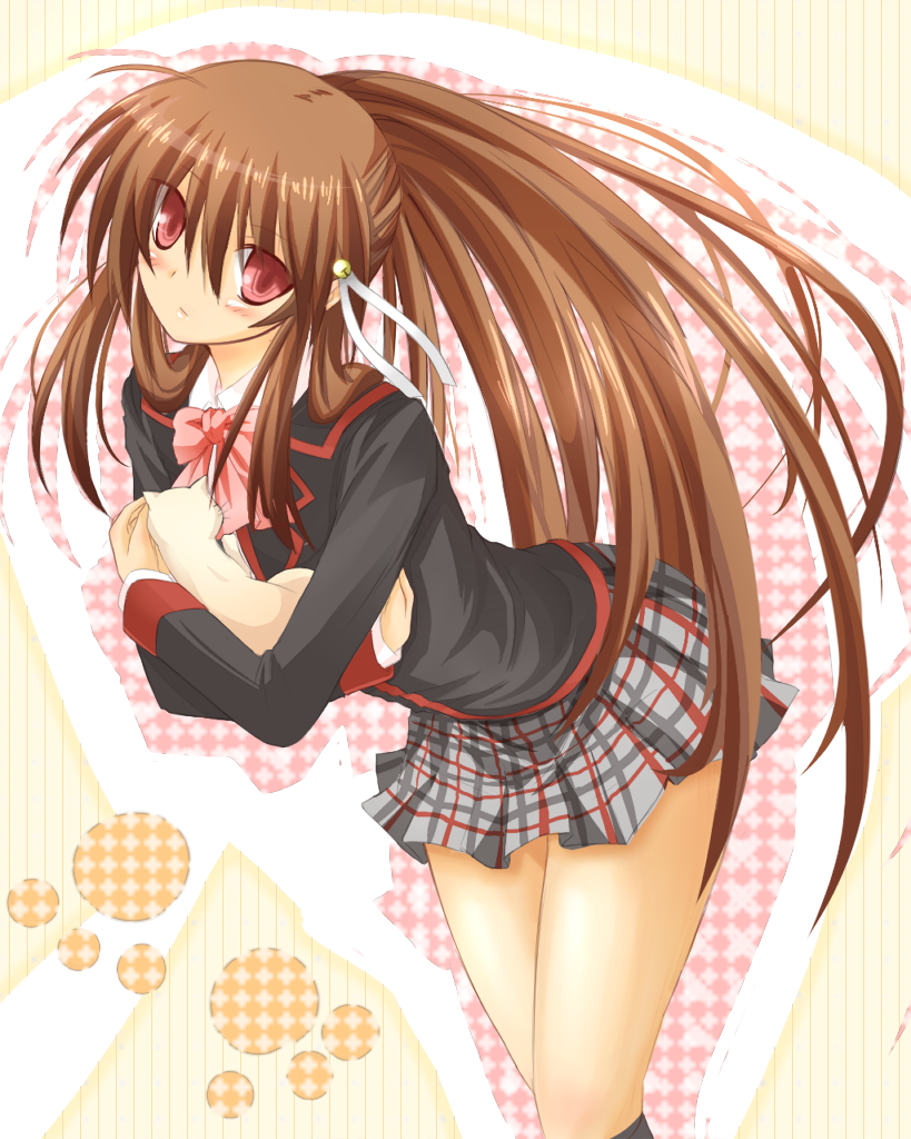 sato toshiya, lennon (little busters!), natsume rin, little busters!, bad id, bad pixiv id, 1girl, blush, bow, brown hair, cat, female focus, kneehighs, long hair, pink bow, plaid clothes, plaid skirt, ponytail, red eyes, ribbon, school uniform, skirt, socks, solo, transparent background