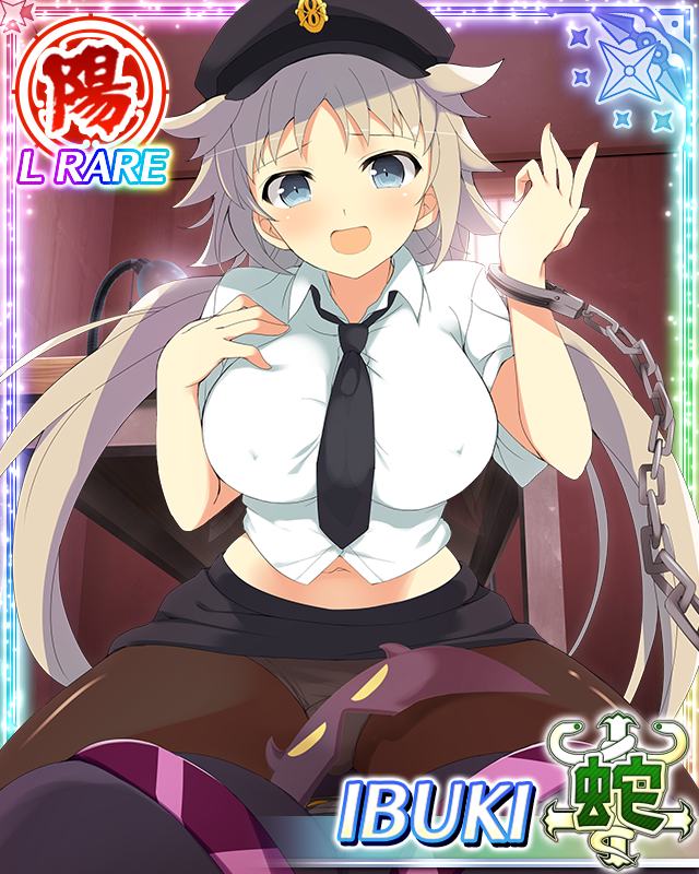ibuki (senran kagura), senran kagura, senran kagura new wave, game cg, official art, third-party source, 1girl, :d, black hat, black necktie, black pantyhose, blush, border, breasts, brown hair, card (medium), character name, covered erect nipples, cuffs, girl on top, grey eyes, hairband, handcuffs, hat, indoors, interrogation, lamp, large breasts, long hair, low twintails, navel, necktie, open mouth, panties, panties under pantyhose, pantyhose, pencil skirt, police, police hat, police uniform, policewoman, shirt, skindentation, skirt, smile, solo, straddling, twintails, underwear, white shirt