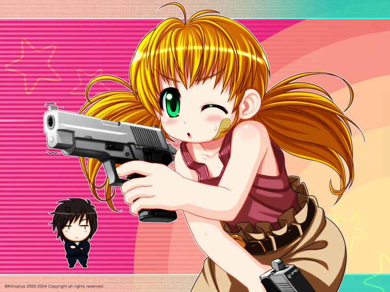 tsuji santa, cal devens, zwei (phantom of inferno), nitroplus, phantom of inferno, sig sauer, 1boy, 1girl, blonde hair, chibi, gun, handgun, one eye closed, pistol, weapon, wink