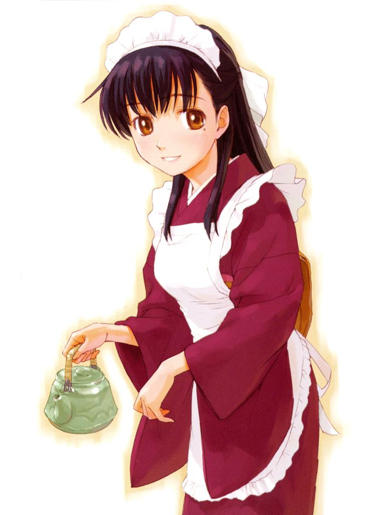 naruko hanaharu, 1girl, apron, black hair, female focus, japanese clothes, kettle, maid, maid apron, maid headdress, mole, mole under eye, smile, solo, teapot, wa maid
