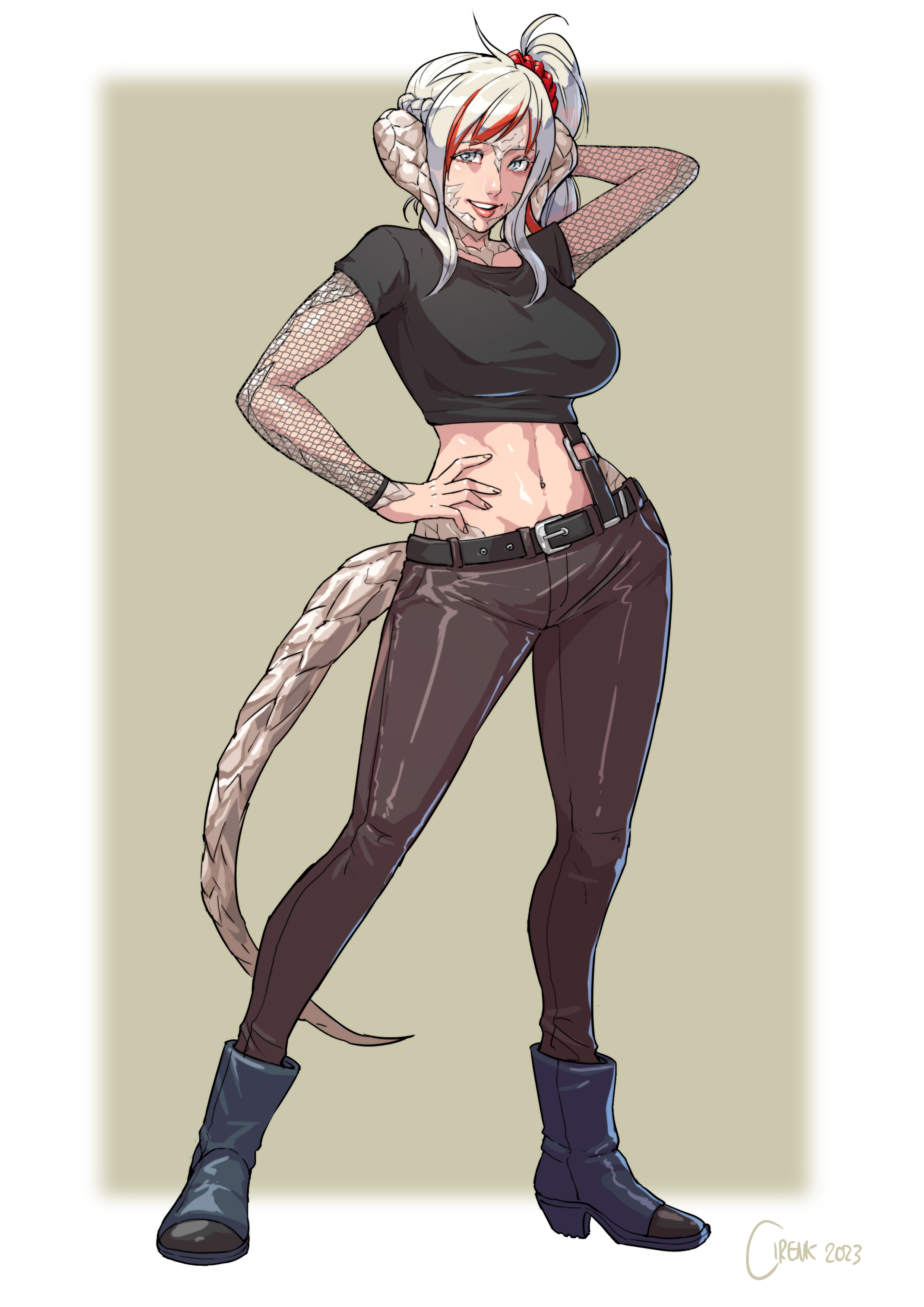 cirenk, warrior of light (ff14), final fantasy, final fantasy xiv, original, absurdres, commentary, commission, english commentary, highres, 1girl, arm behind head, artist name, au ra, belt, black belt, black shirt, blue boots, blue eyes, boots, breasts, brown scales, contrapposto, crop top, cropped shirt, dragon girl, dragon horns, dragon tail, fishnet sleeves, fishnets, full body, hand on own hip, hand up, head and hip pose, high heels, horns, kaede (sent ou), large breasts, midriff, navel, parted lips, red hair, red streaks, shirt, short sleeves, side ponytail, sidelocks, smile, solo, tail, white hair