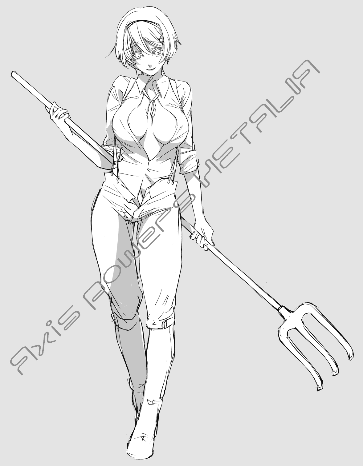 clariss, kirimochi niwe, ukraine (hetalia), axis powers hetalia, highres, 00s, 1girl, breasts, center opening, female focus, greyscale, hair ornament, hairband, hairclip, holding, holding pitchfork, large breasts, looking down, monochrome, open clothes, open shirt, overalls, pitchfork, shirt, short hair, sleeves rolled up, solo, suspenders