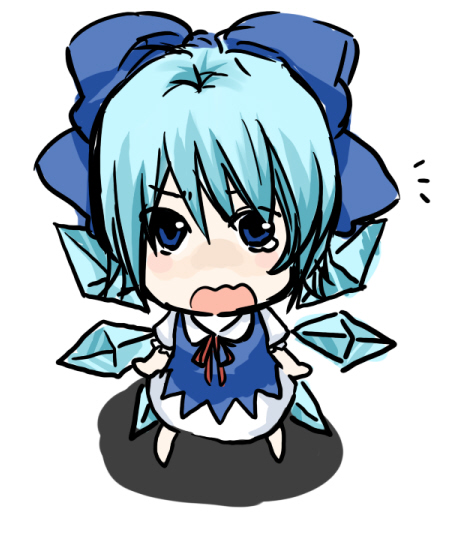 sakiryou yuu, cirno, embodiment of scarlet devil, touhou, bad id, bad pixiv id, 1girl, blue hair, chibi, female focus, full body, simple background, solo, tears, white background