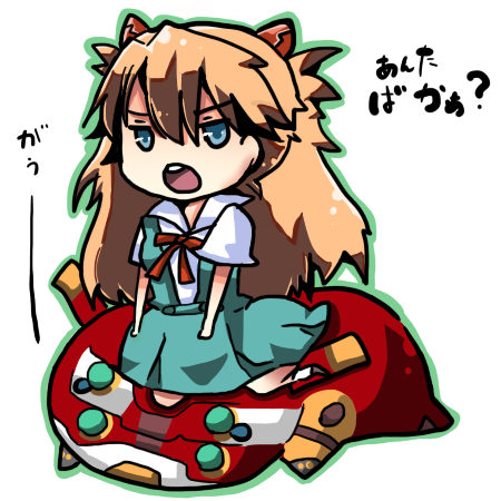 eva 02, souryuu asuka langley, neon genesis evangelion, artist request, lowres, translation request, 1girl, blue eyes, chibi, long hair, mecha, robot, school uniform, short hair, skirt, tsundere