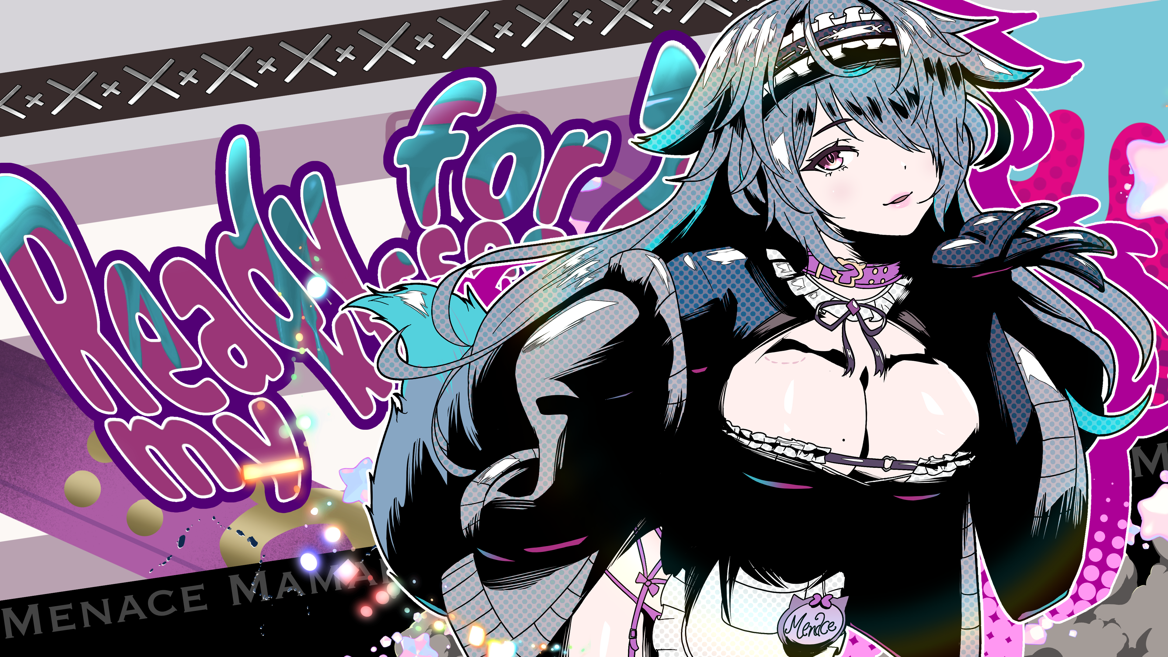 kennymuseum, menace mamaki, indie virtual youtuber, absurdres, highres, 1girl, animal collar, apron, bite mark, bite mark on breast, black gloves, black hairband, breasts, cardigan, cleavage, collar, frilled hairband, frills, gloves, grey cardigan, hair over one eye, hairband, long hair, mole, mole on breast, name tag, open cardigan, open clothes, parted lips, purple collar, purple eyes, solo, tail, virtual youtuber, white apron