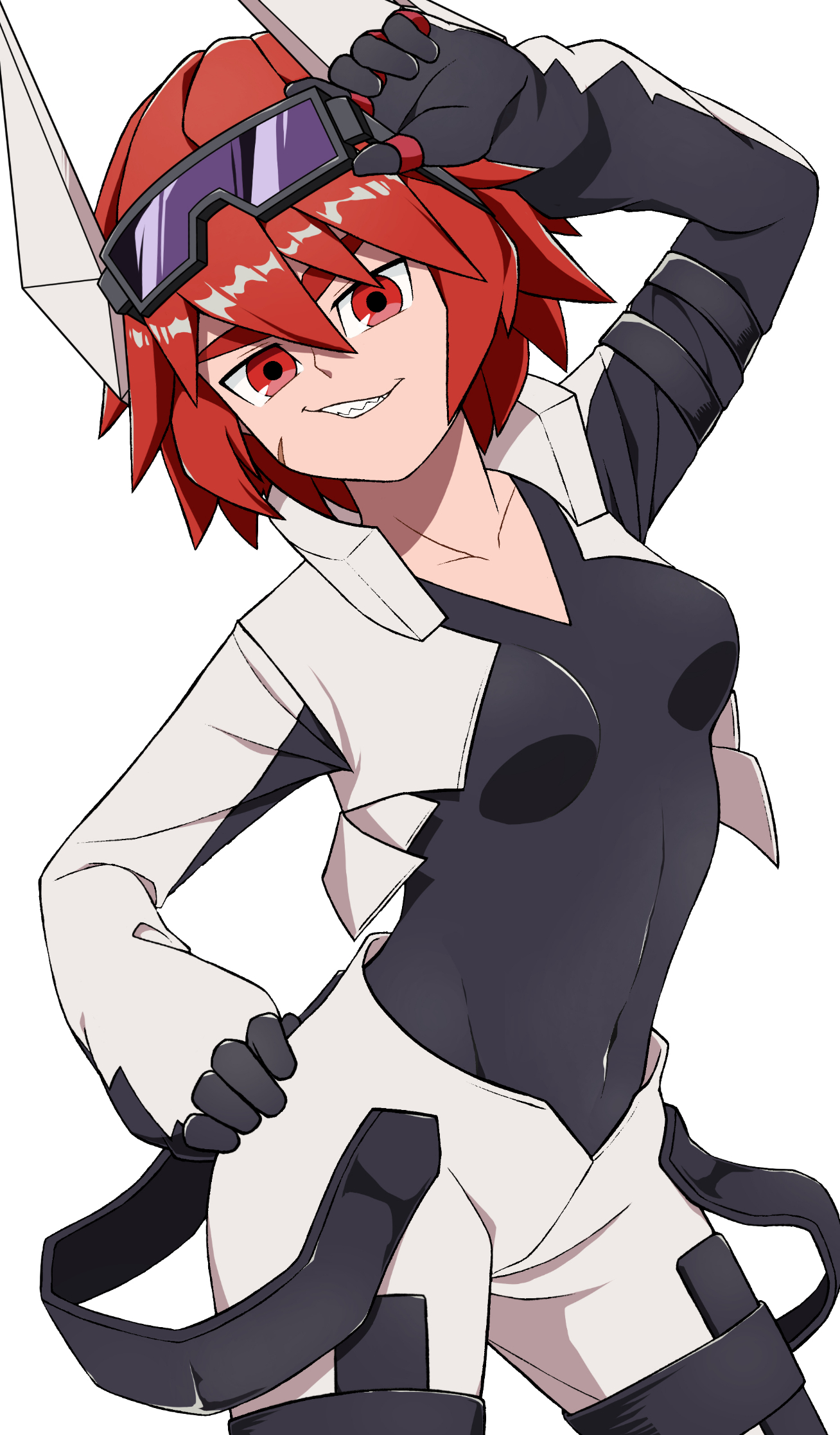 pius (aotu world), aotu world, highres, 1girl, adjusting eyewear, black gloves, black shirt, breasts, collarbone, covered navel, cowboy shot, cropped jacket, facial scar, genderswap, genderswap (mtf), gloves, goggles, goggles on head, grin, hair between eyes, hand on own hip, hand up, headgear, jacket, long sleeves, looking at viewer, medium breasts, pants, red eyes, red hair, scar, scar on cheek, scar on face, sharp teeth, shirt, short hair, simple background, smile, solo, teeth, thigh strap, user kkya5245, v-neck, white background, white jacket, white pants