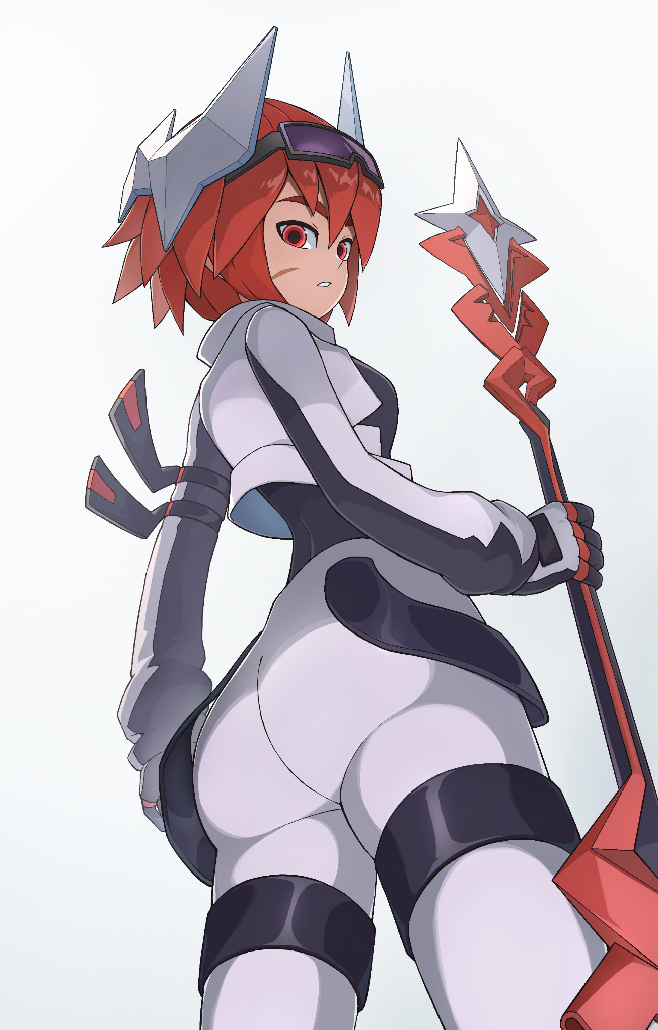 pius (aotu world), aotu world, highres, 1girl, arm ribbon, ass, black gloves, black pants, black shirt, breasts, cropped jacket, facial scar, from behind, from below, genderswap, genderswap (mtf), gloves, goggles, goggles on head, hair between eyes, headgear, holding, holding polearm, holding weapon, jacket, long sleeves, looking at viewer, looking back, pants, parted lips, polearm, red eyes, red hair, ribbon, scar, scar on cheek, scar on face, shirt, short hair, simple background, solo, thigh strap, user kkya5245, weapon, white background, white jacket