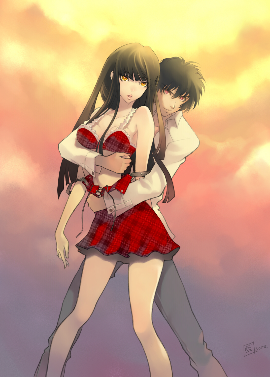 ai[sora], plaid, bad id, bad pixiv id, highres, 1boy, 1girl, black hair, bra, breasts, gradient background, hetero, hug, long hair, outdoors, short hair, skirt, sky, underwear, yellow eyes