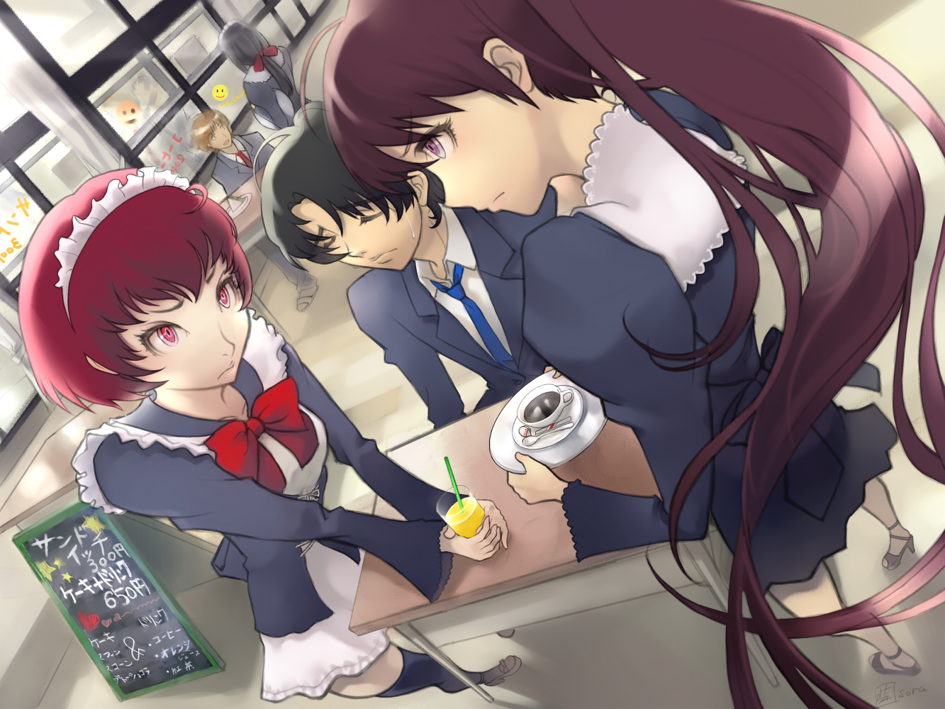 ai[sora], bad id, bad pixiv id, 2boys, 4girls, coffee, long hair, maid, multiple boys, multiple girls, purple eyes, purple hair, red eyes, red hair, short hair, thighhighs