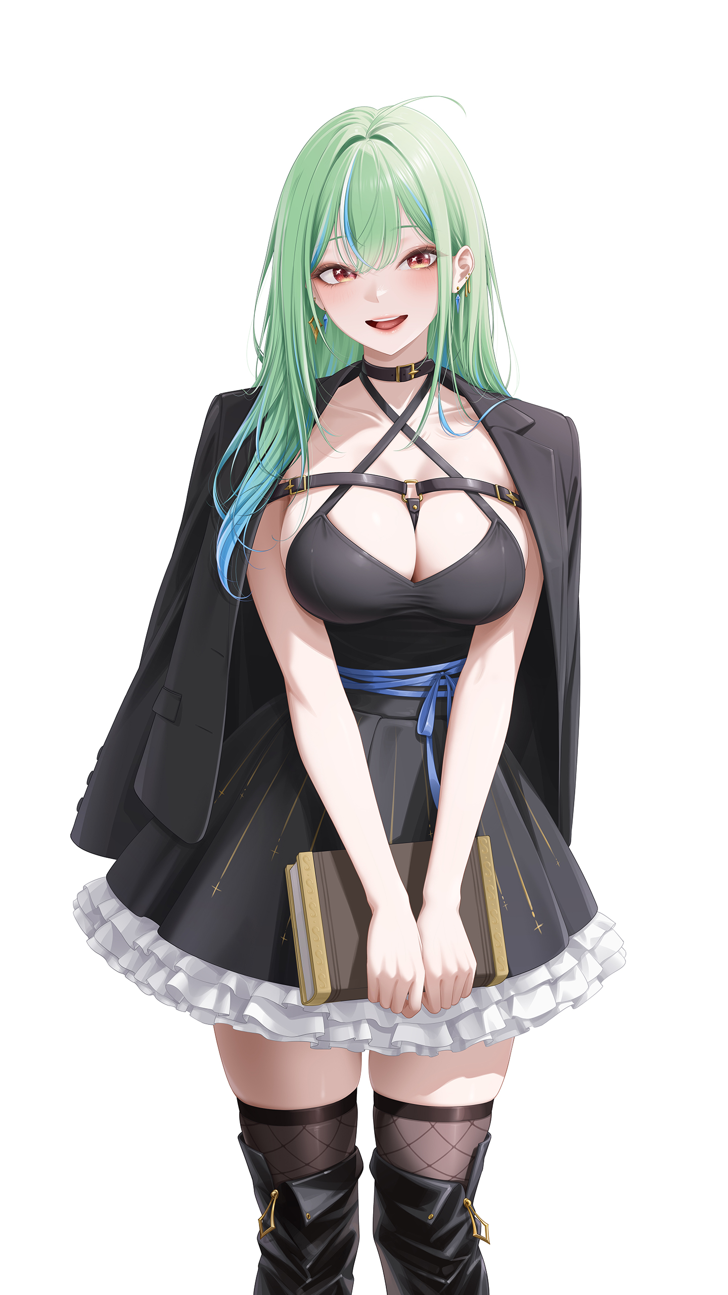 myomomoo, charon universe, absurdres, highres, 1girl, black boots, black choker, black dress, black jacket, book, boots, breasts, brown thighhighs, choker, cleavage, criss-cross halter, dress, fishnet thighhighs, fishnets, frilled dress, frills, gradient hair, green hair, halterneck, holding, holding book, jacket, jacket on shoulders, kiyu (charon universe), large breasts, long hair, long sleeves, looking at viewer, multicolored hair, open mouth, red eyes, simple background, smile, solo, spaghetti strap, standing, steam, thigh boots, thighhighs, virtual youtuber, white background, zettai ryouiki