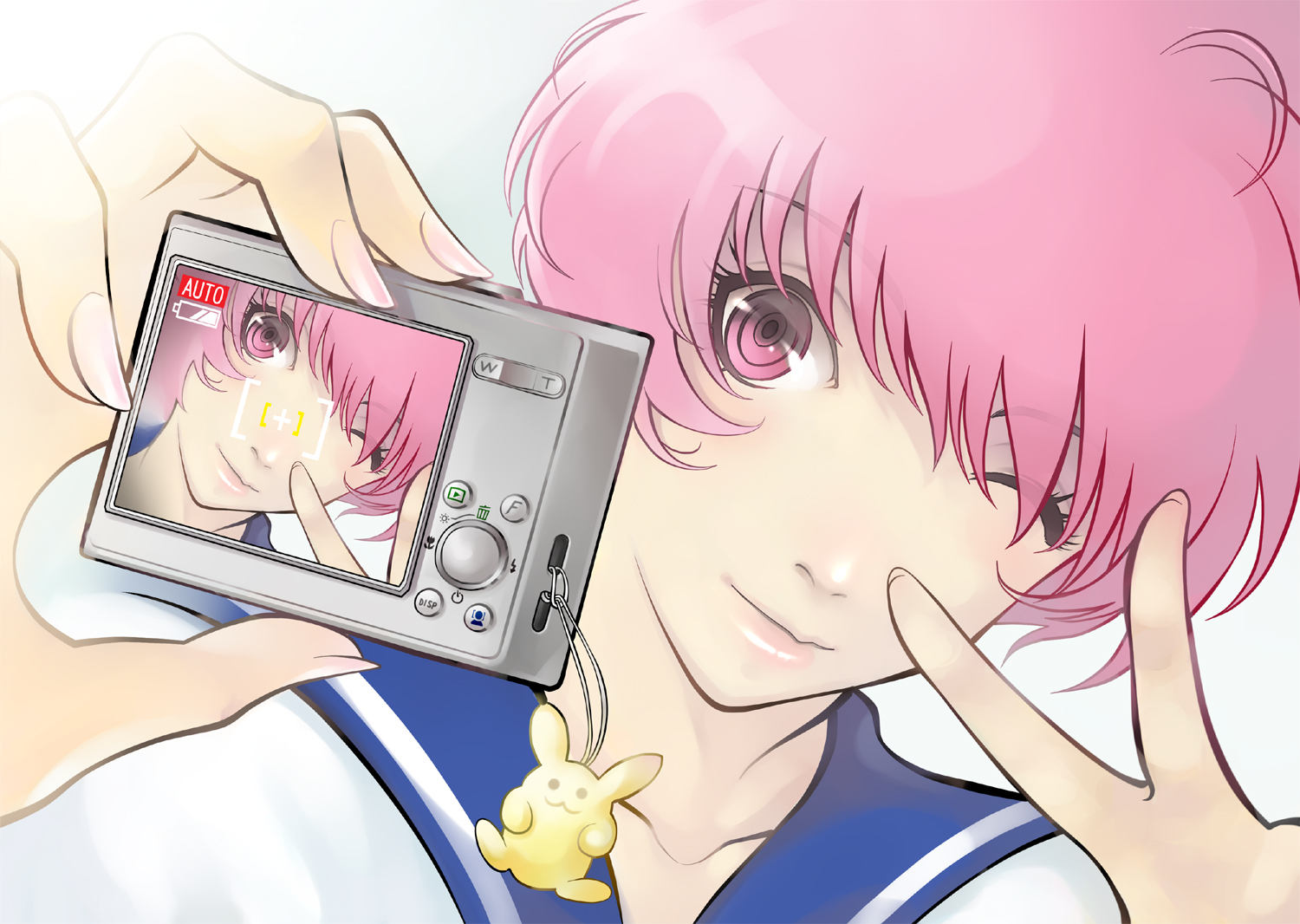 ai[sora], original, bad id, bad pixiv id, 1girl, camera, female focus, lips, one eye closed, pink eyes, pink hair, school uniform, selfie, serafuku, short hair, solo, v, wink
