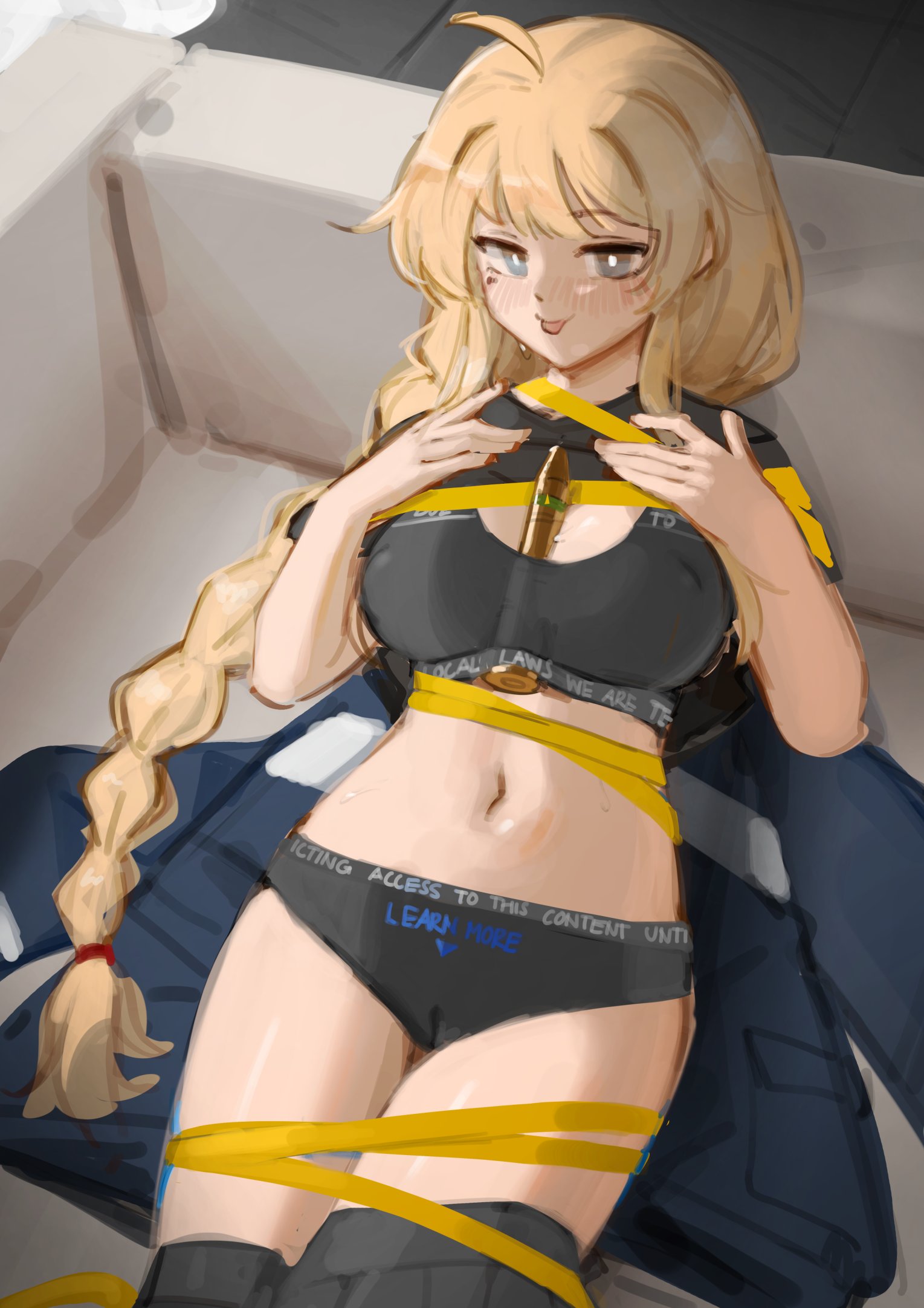 xerbatt, whiskey project, indie virtual youtuber, highres, 1girl, ammunition, between breasts, black bra, black panties, blonde hair, blue eyes, bra, braid, braided ponytail, breasts, covered erect nipples, english text, panties, tongue, underwear