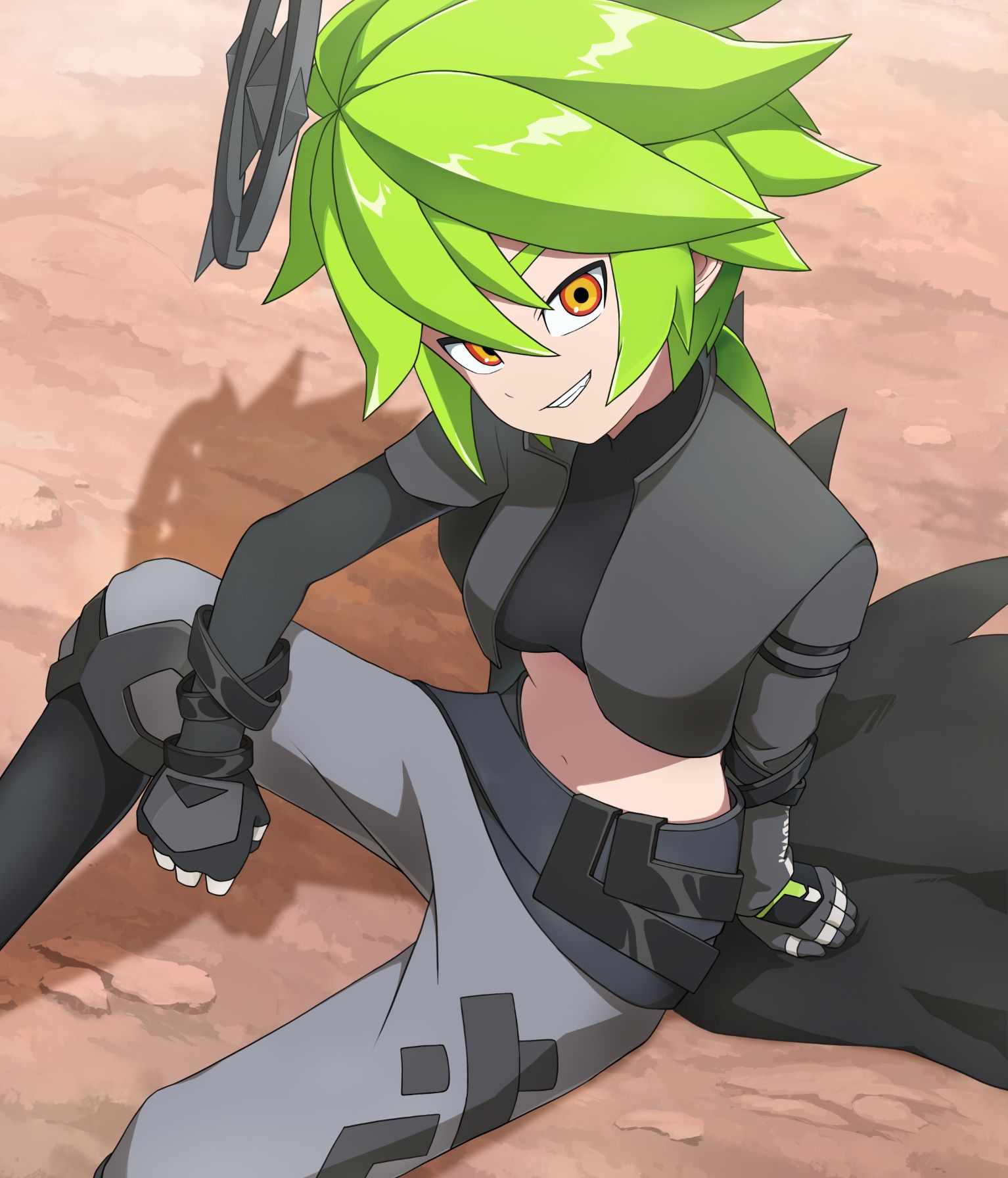 xander (aotu world), aotu world, highres, 1girl, arm strap, belt, black belt, black boots, black cape, black gloves, black jacket, black shirt, boots, breasts, cape, crop top, cropped jacket, fang, genderswap, genderswap (mtf), gloves, green hair, grey pants, grin, hair between eyes, halo, jacket, jewelry, knee up, long hair, long sleeves, looking at viewer, low ponytail, medium breasts, midriff, multicolored eyes, multiple rings, navel, pants, ponytail, red eyes, ring, shadow, shirt, sitting, smile, solo, teeth, user kkya5245, waist cape, yellow eyes
