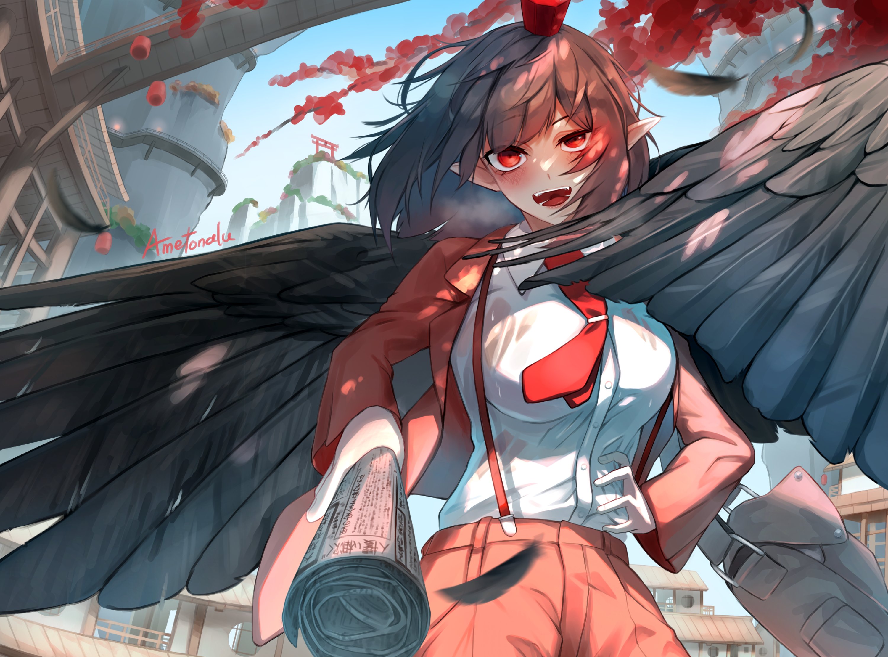 ametonalu, shameimaru aya, shameimaru aya (newsboy), touhou, commentary request, highres, 1girl, artist name, bag, black wings, breasts, brown hat, brown jacket, brown pants, brown shorts, building, day, feathered wings, flat cap, hat, holding, holding newspaper, jacket, large breasts, looking at viewer, messenger bag, necktie, newsboy cap, newspaper, notebook, outdoors, pants, pointy ears, red eyes, red necktie, shirt, shorts, shoulder bag, sky, smile, solo, suit jacket, suspenders, tengu, tie clip, tokin hat, torii, white shirt, wings