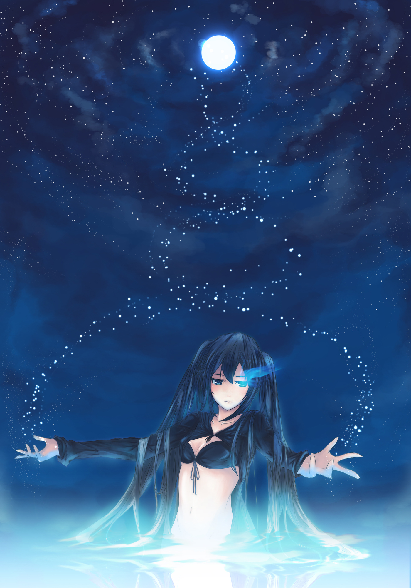 kelvin926, black rock shooter (character), black rock shooter, highres, 10s, 1girl, bikini, bikini top only, black hair, blue eyes, female focus, full moon, glowing, glowing eyes, long hair, midriff, moon, navel, night, sky, solo, star (sky), star (symbol), starry sky, swimsuit, twintails, water