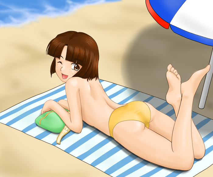 felniam, takamura tsubaki, sakura taisen, 00s, 1girl, ass, barefoot, beach, bikini, brown eyes, brown hair, day, feet, female focus, freckles, looking back, lying, on stomach, one eye closed, pillow, short hair, solo, sunbathing, swimsuit, topfreedom, topless female, wink