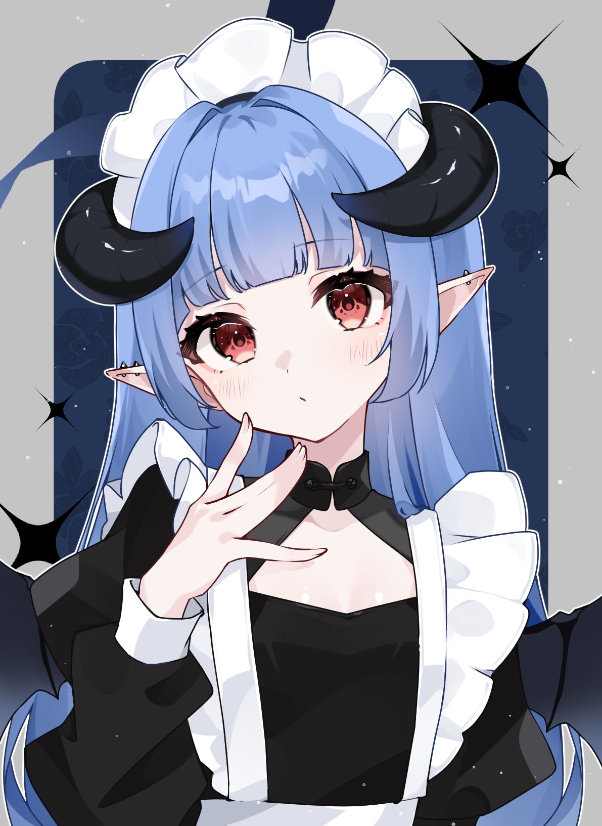iriam, highres, second-party source, 1girl, above-cleavage cutout, apron, arm at side, black horns, black shirt, black wings, blue background, blue hair, blunt bangs, border, breasts, closed mouth, clothing cutout, ear piercing, earrings, grey border, hair intakes, hand up, horns, jewelry, long hair, long sleeves, maid, maid headdress, mandarin collar, mismatched earrings, orange eyes, outline, outside border, piercing, pointy ears, rounded corners, shirt, small breasts, solo, spread fingers, turning head, upper body, very long hair, waist apron, white apron, white outline, wings, yonekura 11