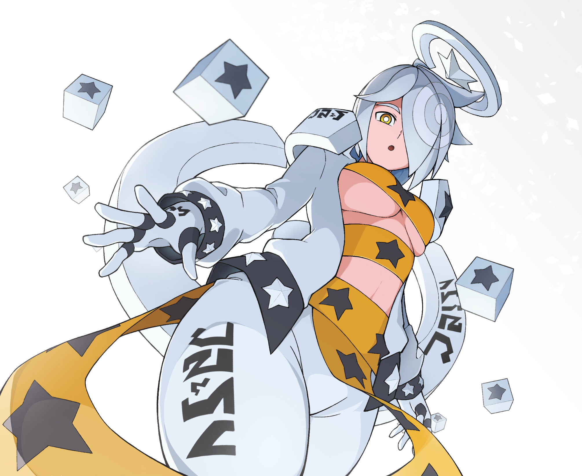 aotu world, highres, 1girl, :o, ahoge, angel, breasts, bright pupils, cube, daniel (aotu world), fingerless gloves, floating, floating object, from below, genderswap, genderswap (mtf), gloves, hair over one eye, halo, jacket, large breasts, long hair, long sleeves, looking at viewer, looking down, navel, open clothes, open jacket, open mouth, pants, revealing clothes, sash, short hair, simple background, solo, star (symbol), star print, underboob, user kkya5245, white background, white gloves, white hair, white jacket, white pants, yellow eyes, yellow sash