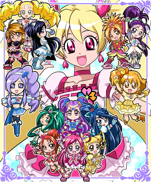 akimoto komachi, aono miki, cure aqua, cure berry, cure black, cure bloom, cure dream, cure egret, cure lemonade, cure mint, cure peach, cure pine, cure rouge, cure white, hyuuga saki, kasugano urara (yes! precure 5), kujou hikari, milk (yes! precure 5), milky rose, mimino kurumi, minazuki karen, mishou mai, misumi nagisa, momozono love, natsuki rin, shiny luminous, yamabuki inori, yukishiro honoka, yumehara nozomi, fresh precure!, futari wa precure, futari wa precure max heart, futari wa precure splash star, precure, precure all stars, yes! precure 5, yes! precure 5 gogo!, black footwear, 00s, 6+girls, :d, blonde hair, blue eyes, blue hair, blue skirt, boots, brooch, brown eyes, brown hair, butterfly hair ornament, chibi, cone hair bun, everyone, eyelashes, green eyes, green hair, hair bun, hair ornament, half updo, heart, heart brooch, heart hair ornament, in-franchise crossover, jewelry, knee boots, long hair, magical girl, multiple girls, open mouth, orange eyes, orange hair, pink eyes, pink hair, purple eyes, purple hair, skirt, smile, twintails, two side up