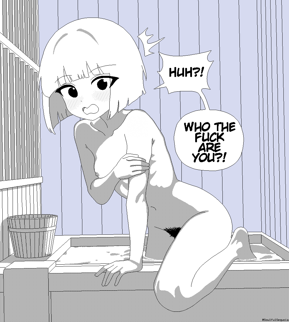 soulfull sequoia, original, 1girl, bath, bathtub, blue background, blunt bangs, blush, breasts, bucket, completely nude, dot nose, embarrassed, greyscale with colored background, indoors, lineart, looking at viewer, monochrome, nose blush, nude, open mouth, pixel art, pubic hair, simple background, small breasts, twitter username