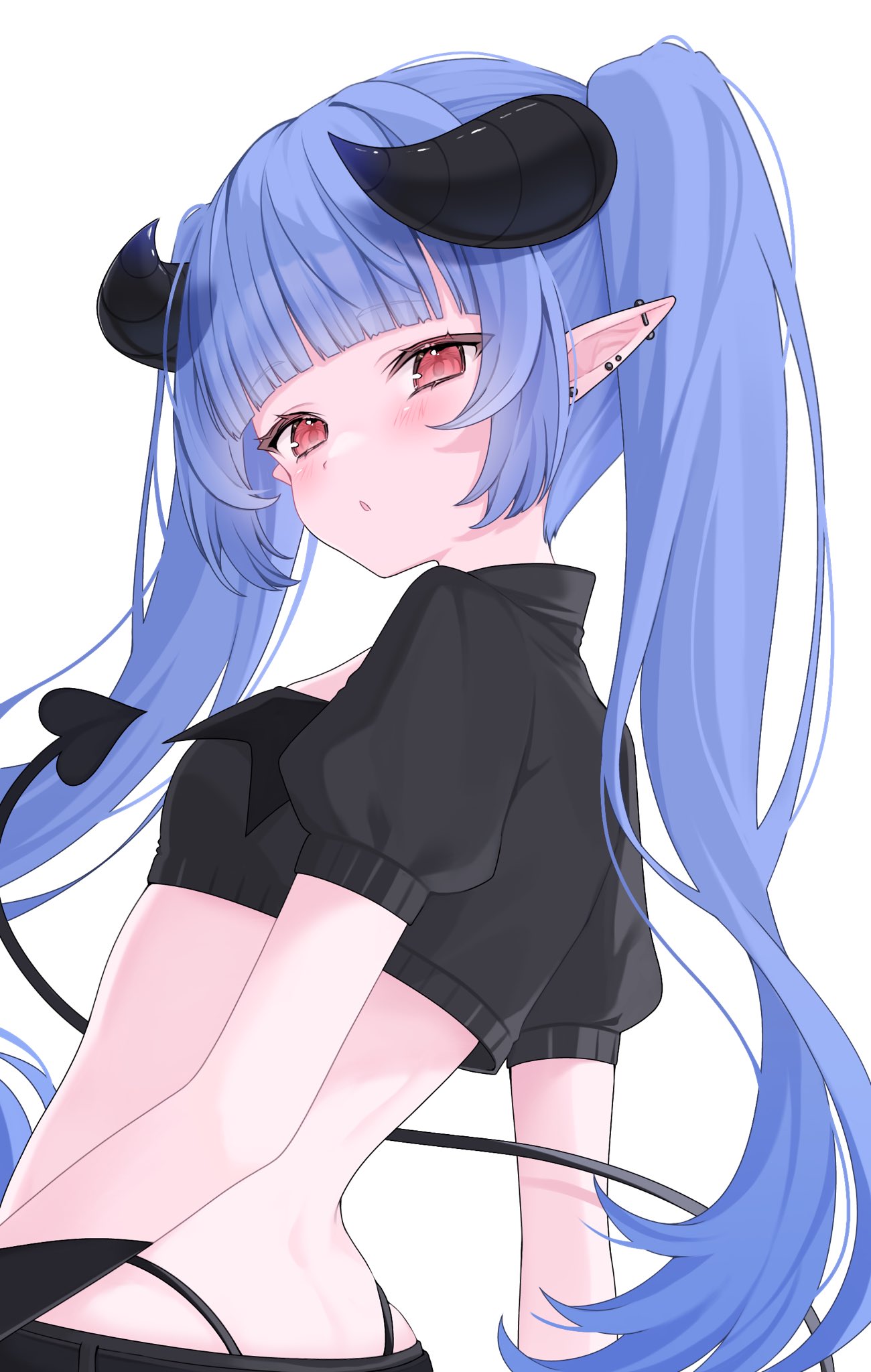 warewa tanaka, iriam, commission, highres, second-party source, skeb commission, 1girl, above-cleavage cutout, arms at sides, back, black horns, black panties, black shirt, black tail, blunt bangs, breasts, clothing cutout, crop top, demon tail, from behind, half-closed eyes, high-waist panties, horns, long hair, looking at viewer, looking back, panties, parted lips, pointy ears, puffy short sleeves, puffy sleeves, purple hair, red eyes, shirt, short sleeves, simple background, small breasts, solo, tail, twintails, underwear, very long hair, white background