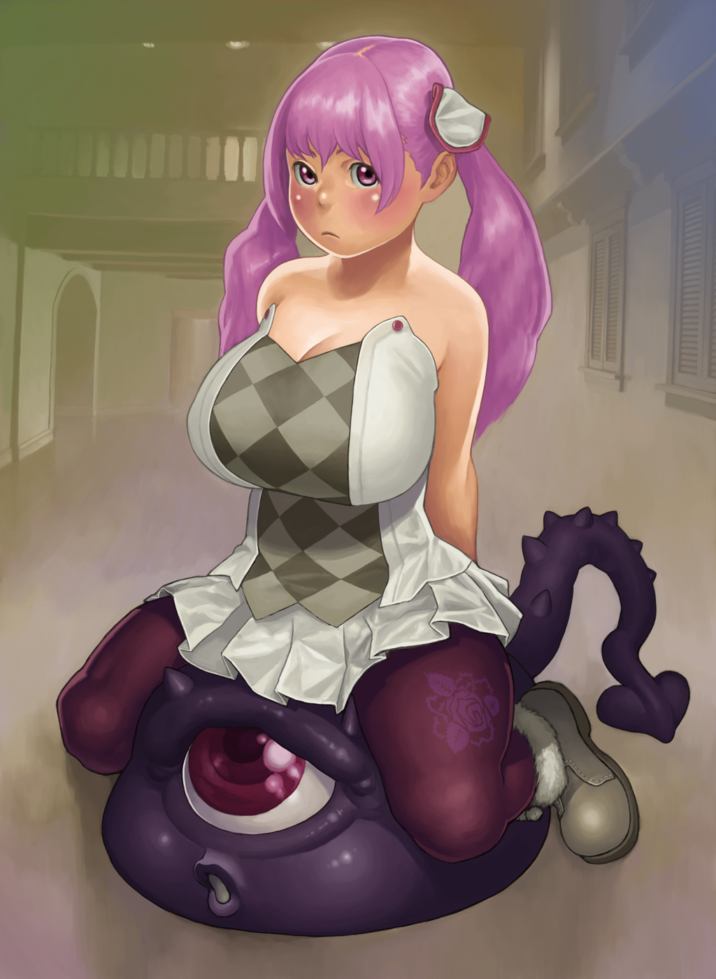 sakai toshihiro, bad id, bad pixiv id, highres, 1girl, breasts, cleavage, female focus, huge breasts, large breasts, monster, pantyhose, plump, purple eyes, purple hair, sitting, solo, twintails