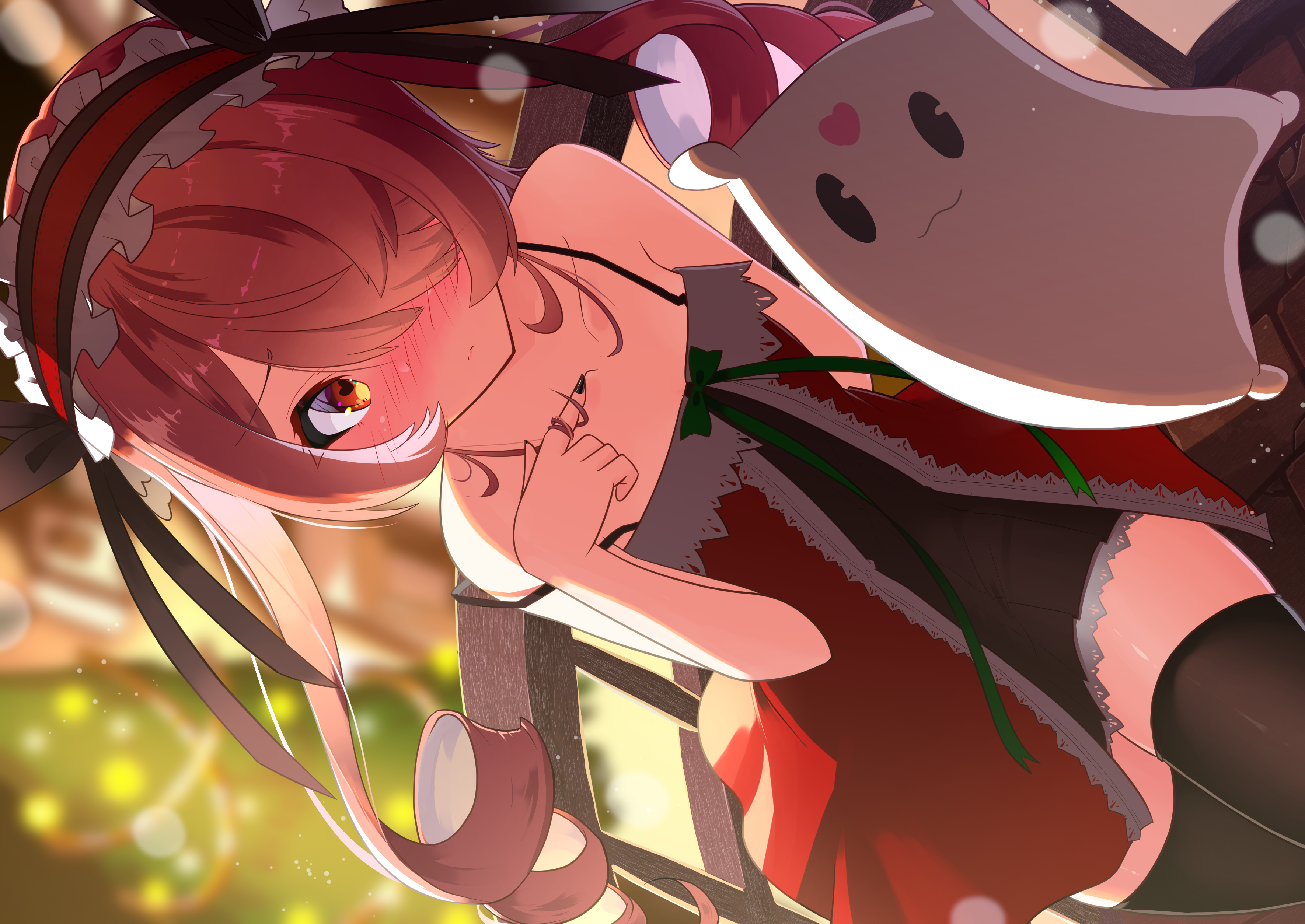 pillowdear, indie virtual youtuber, absurdres, highres, 03farlwzfad5w68, 1girl, black nails, black thighhighs, blurry, blurry background, blush, bow, brown eyes, closed mouth, dress, drill hair, frilled hairband, frills, green bow, green ribbon, hair over one eye, hairband, heart, heart-shaped pupils, long hair, red dress, ribbon, solo, strap slip, symbol-shaped pupils, thighhighs, virtual youtuber, zettai ryouiki