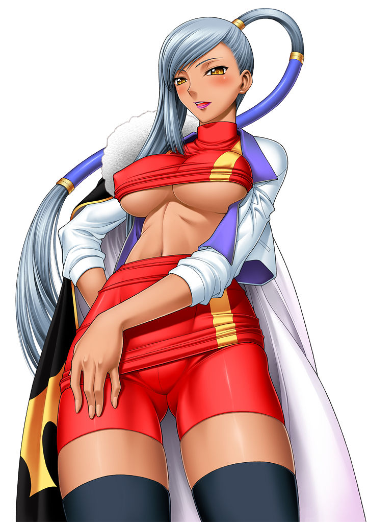 miyagi yasutomo, villetta nu, code geass, silver hair, bad id, bad pixiv id, 00s, 1girl, breasts, dark-skinned female, dark skin, female focus, large breasts, ponytail, sleeves pushed up, solo, thighhighs, underboob, yellow eyes