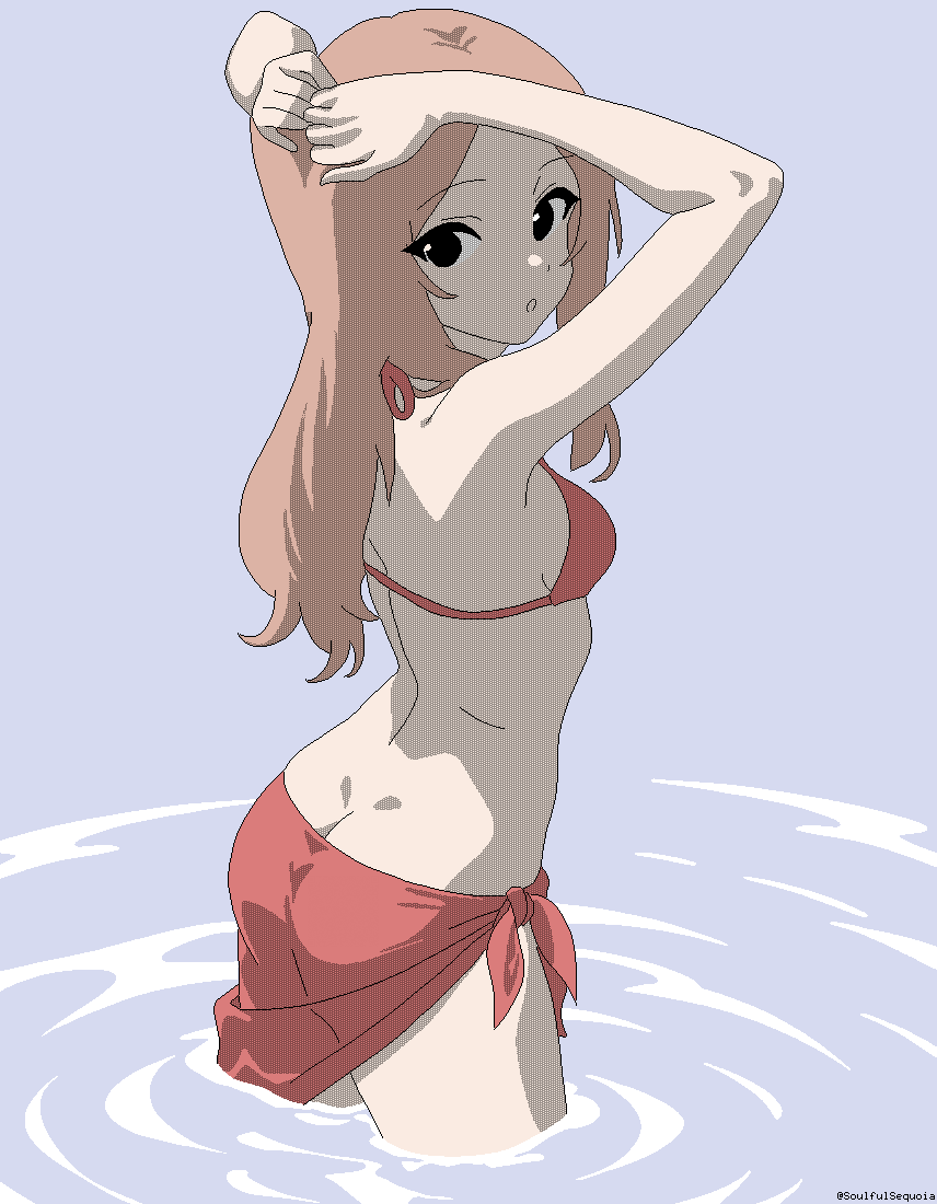 soulfull sequoia, original, 1girl, arms behind back, ass, bikini, blue background, breasts, brown hair, dot nose, from behind, halterneck, long hair, looking at viewer, looking back, medium breasts, open mouth, pixel art, red bikini, red sarong, sarong, simple background, solo, swimsuit, twitter username, wading, water