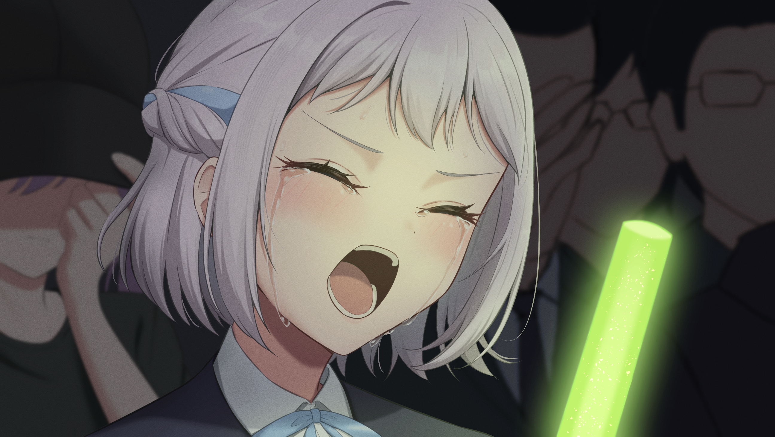 miyuki kotori, katsuragi lilja, gakuen idolmaster, idolmaster, commentary request, highres, 1girl, 4boys, black jacket, blue ribbon, braid, closed eyes, collared shirt, crown braid, crying, faceless, faceless male, glowstick, jacket, meme, multiple boys, neck ribbon, oota kuniyoshi face (meme), open mouth, penlight (glowstick), portrait, ribbon, shirt, short hair, solo focus, white hair, white shirt