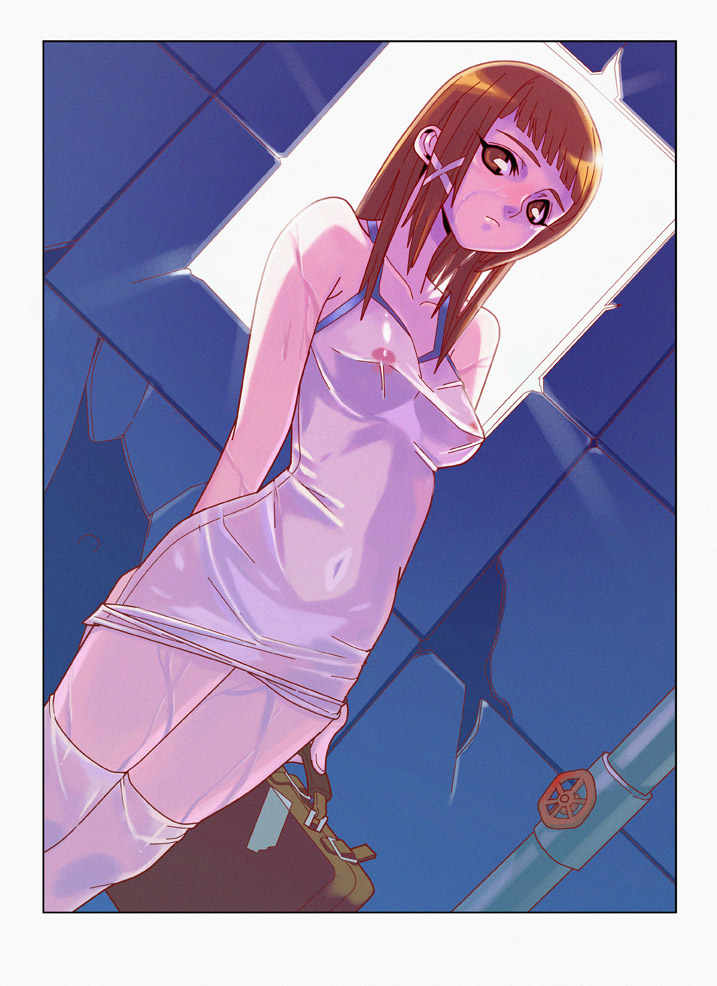 fengmo, original, 1girl, breasts, briefcase, brown eyes, brown hair, covered erect nipples, female focus, navel, see-through clothes, solo, thighhighs, wet