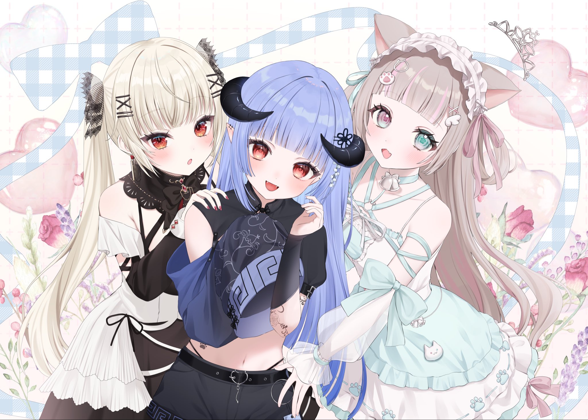 gomamiso (gomagoma bba), iriam, commission, highres, second-party source, skeb commission, 3girls, :3, :d, :o, animal ears, bare shoulders, behind another, belt, black belt, black dress, black horns, black shirt, blonde hair, blunt bangs, breasts, brown hair, cat ears, crop top, detached sleeves, dress, flower, green dress, green eyes, hair rings, halterneck, hand on another's shoulder, happy, heart, heterochromia, horns, lavender (flower), light blush, lolita fashion, long hair, looking at viewer, maid headdress, multicolored hair, multiple girls, navel, open mouth, orange eyes, pale skin, pink eyes, pink hair, poet sleeves, pointy ears, purple hair, ribbon, rose, see-through clothes, see-through sleeves, shirt, single detached sleeve, small breasts, smile, stomach, streaked hair, twintails, upper body, very long hair
