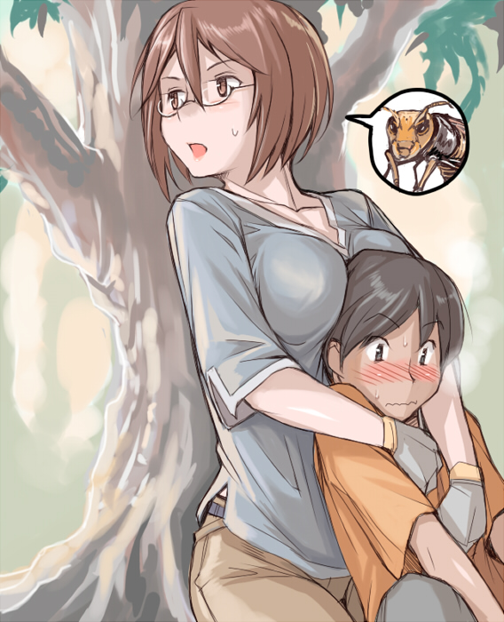 tsuda nanafushi, souseiseki, rozen maiden, 00s, 1boy, 1girl, aged up, blush, breast press, breasts, brown eyes, brown hair, casual, glasses, large breasts, short hair