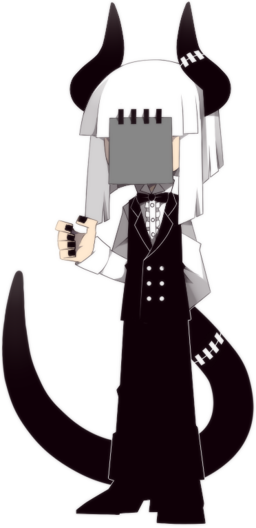 funamusea (artist), maekami, funamusea, sutare yume, official art, 1boy, arm behind back, black bow, black bowtie, black horns, black pants, black tail, black vest, bow, bowtie, covered face, demon boy, formal clothes, frilled shirt, frills, full body, horns, medium hair, pants, paper, shirt, simple background, solo, standing, stitched tail, suit, tail, vest, white background, white hair, white shirt