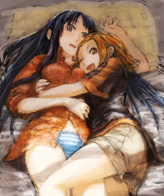 fukutarou (enji127), akiyama mio, tainaka ritsu, k-on!, 00s, 2girls, bed, black eyes, black hair, brown eyes, brown hair, cuddling, hug, leg between thighs, long hair, multiple girls, no pants, one eye closed, open mouth, panties, pillow, short hair, striped clothes, striped panties, underwear, wink, yuri